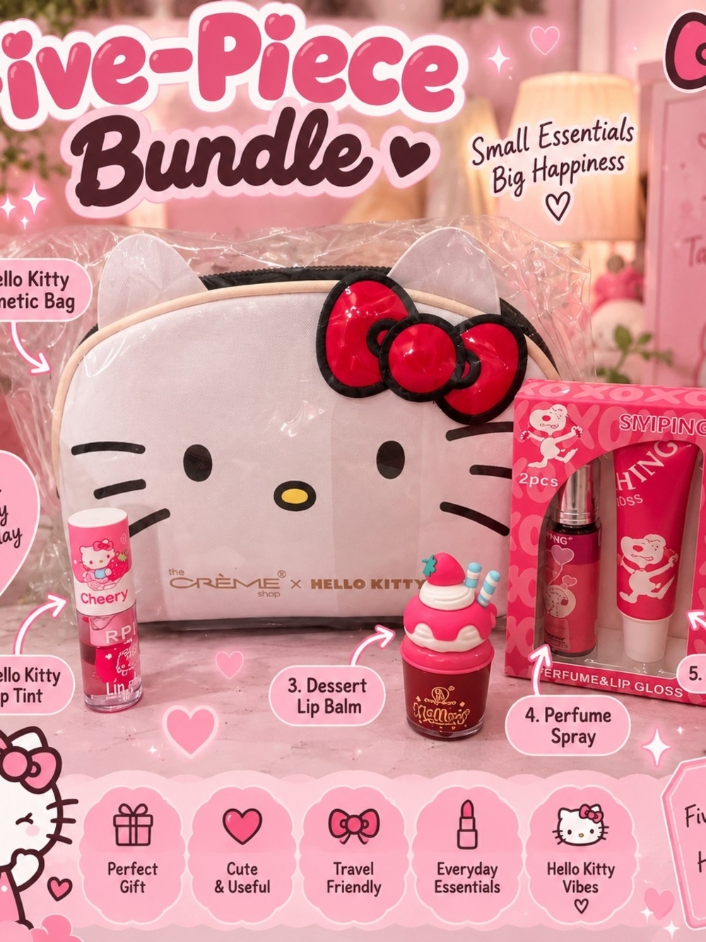 Hello Kitty Pink & White Bath & Body Gift Set with Cosmetic Bag